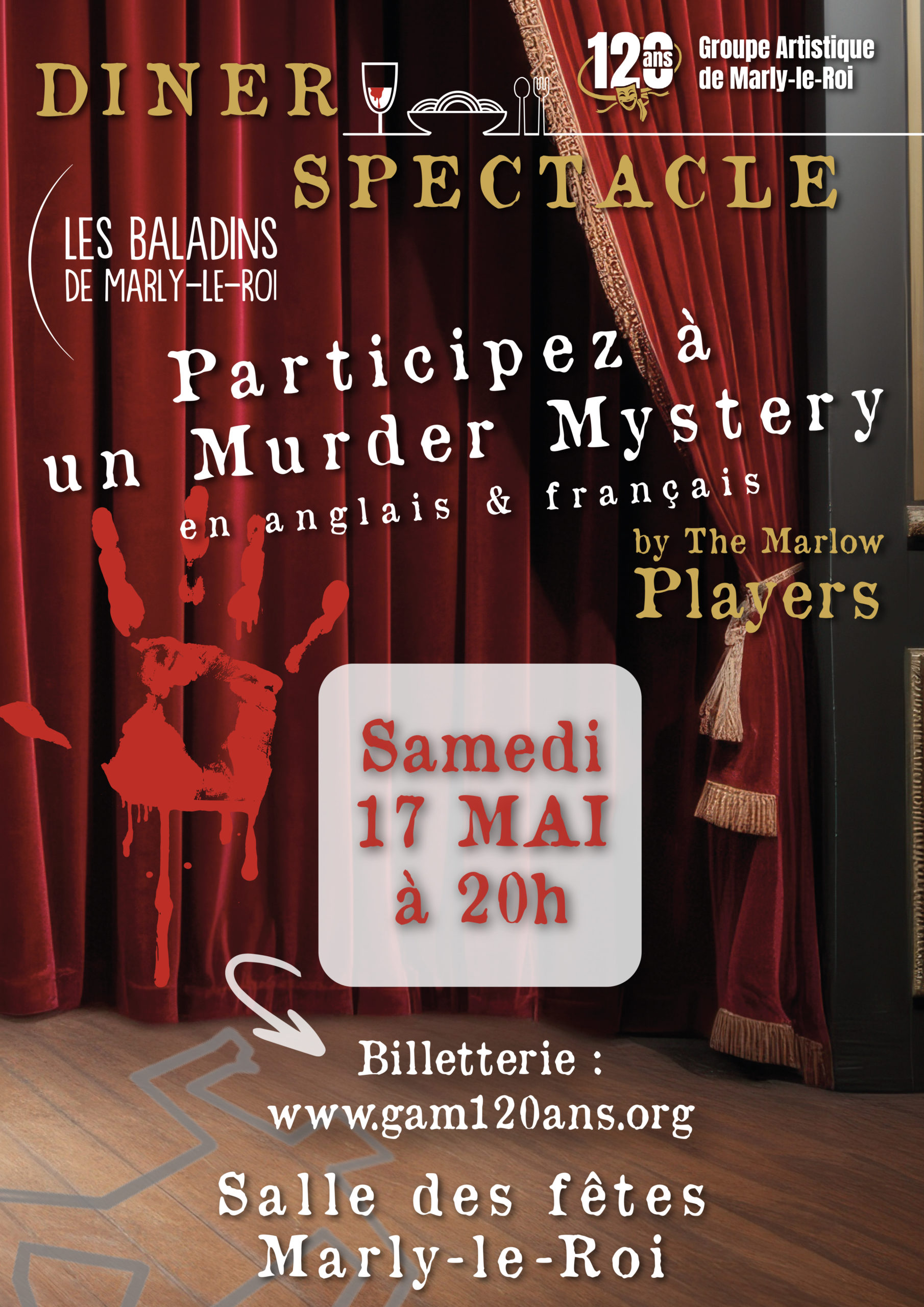 Samedi 17 mai à 20h00 : Murder Mystery. Dîner-spectacle par les Marlow Players, à la salle des fêtes de Marly-le-Roi